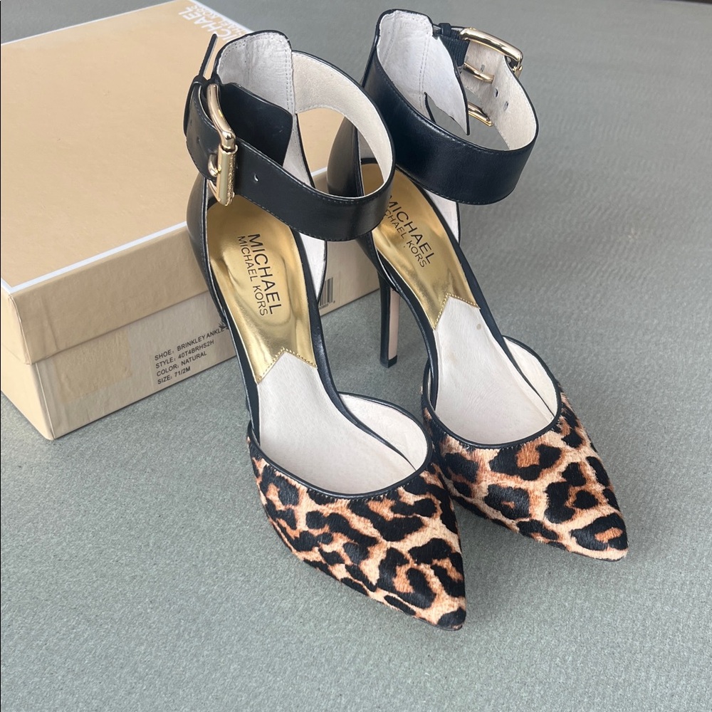 Michael Kors Brinkley Leopard Print Pointed Ankle-Strap Pumps - Black/Leopard